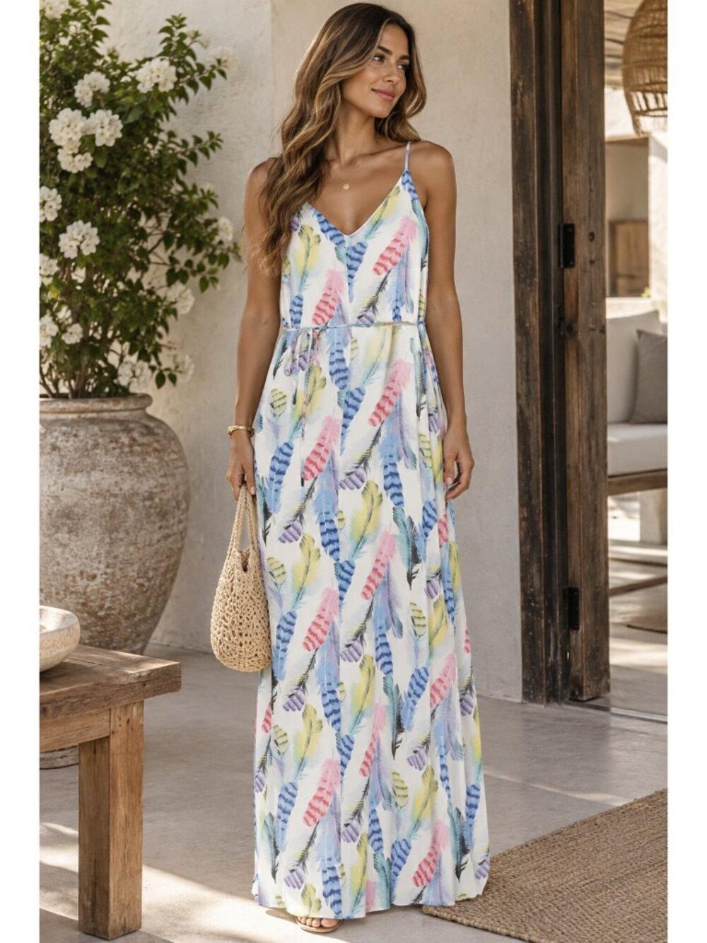 HONEY PUNCH Lightweight Flowy Boho V-Neck V-Back Feather Maxi Dress Summer L